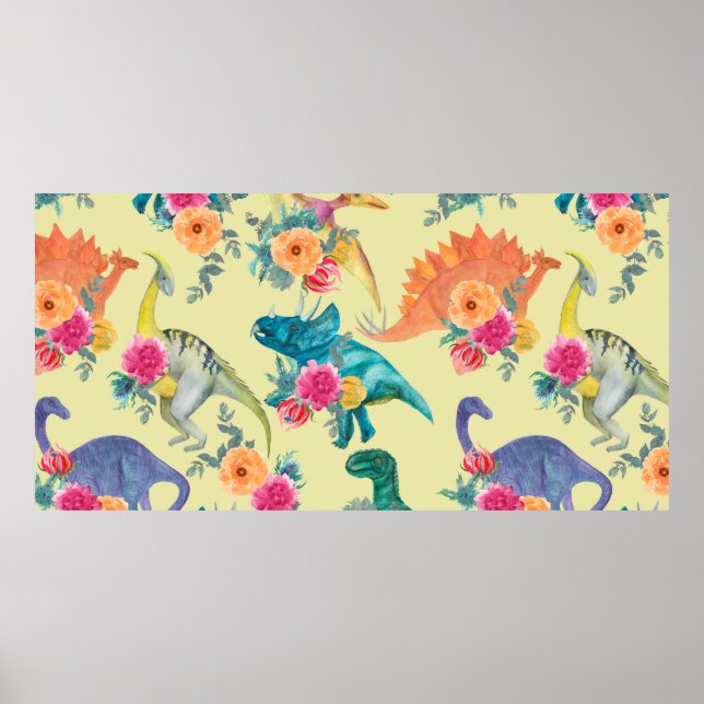 Póster Patrón de dinosaurios de pintura acuarela. Barba s (Frente)