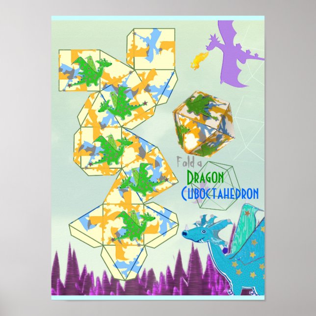 Póster Patrón de dragones doblado un Cuboctaedro (Frente)