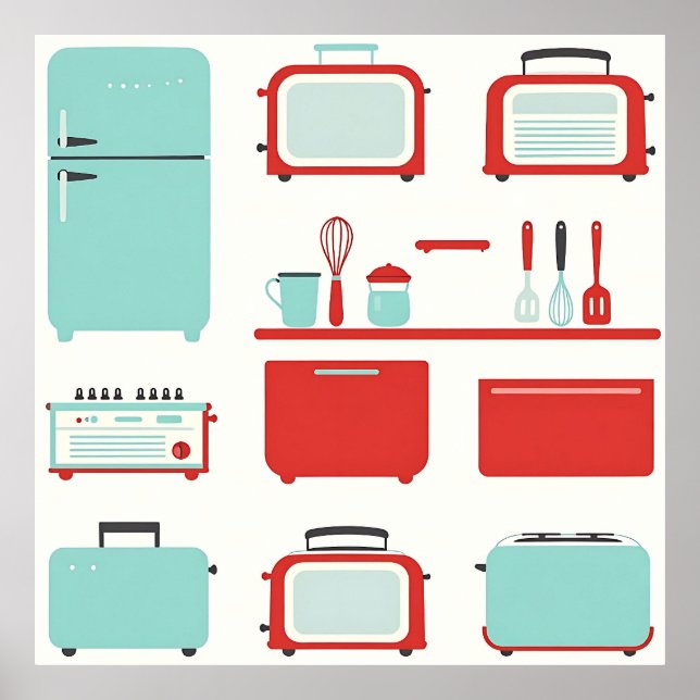 Póster Patrón de electrodomésticos de cocina retro (Frente)
