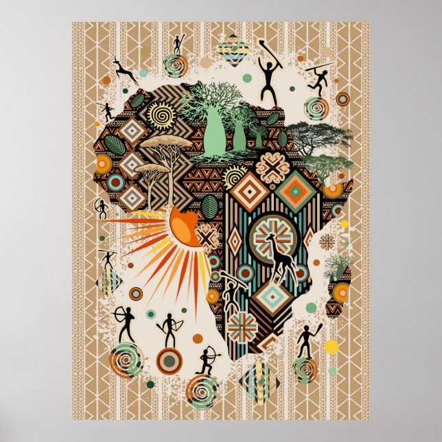 Póster Patrón de elementos tribales decorativos del mapa  (Frente)