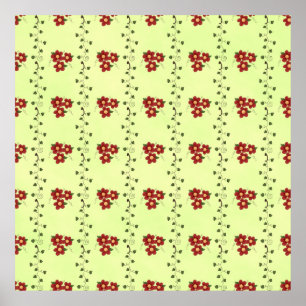 Póster Patrón de enredadera floral roja sobre verde claro
