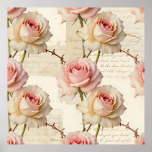 Póster Patrón de escritura de rosa pálida vintage