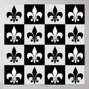 Póster Patrón de flor blanco negro controlado-De-Lis