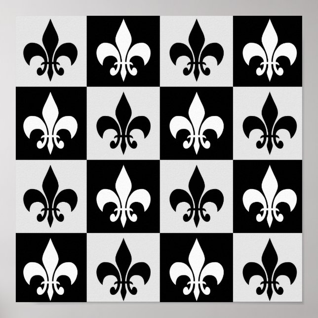 Póster Patrón de flor blanco negro controlado-De-Lis (Frente)