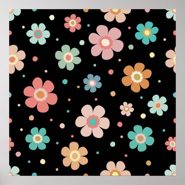 Póster Patrón De Flor Multicolor Cuaderno En Negro (Frente)