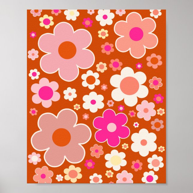 Póster Patrón De Flor Retro En Flor Rosa Naranja (Frente)