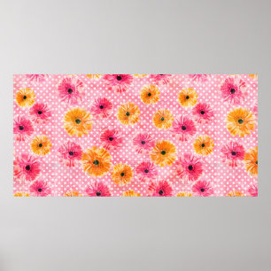 Póster Patrón de flores color agua rosa y gerbera amarill