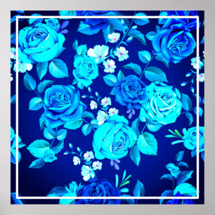 Póster Patrón de flores de rosa azul clásica-87600