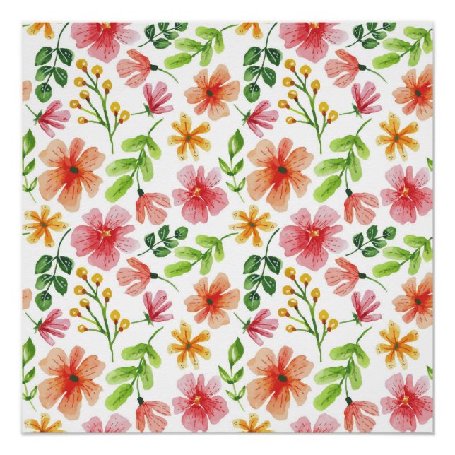 Póster Patrón de flores rosadas en acuarela (Anverso)