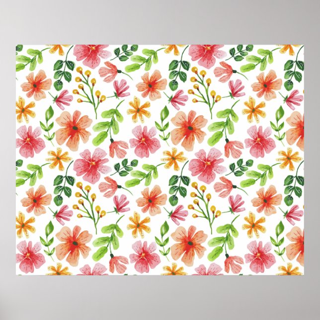 Póster Patrón de flores rosadas en acuarela (Frente)