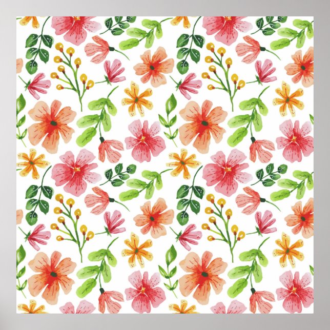 Póster Patrón de flores rosadas en acuarela (Frente)