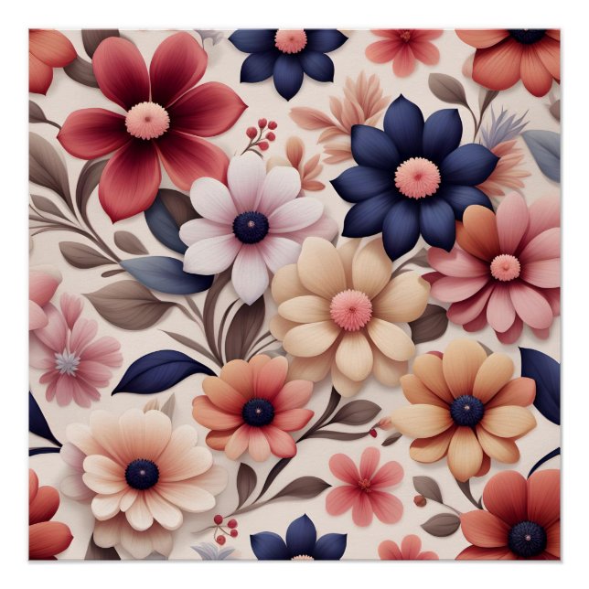 Póster Patrón de flores y hojas en rosa negrita (Anverso)