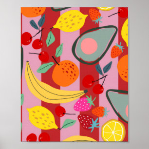 Póster Patrón de frutas con franjas rojas y rosas