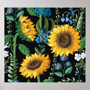 Póster Patrón de girasol de fondo negro