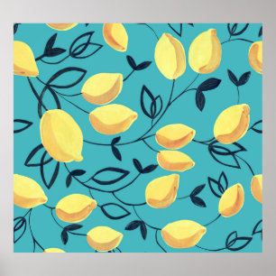 Póster Patrón de gouache de limón amarillo sobre turquesa