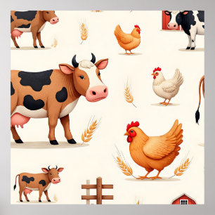 Póster Patrón de granero de animales de granja lindos