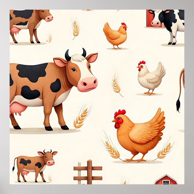 Póster Patrón de granero de animales de granja lindos (Frente)