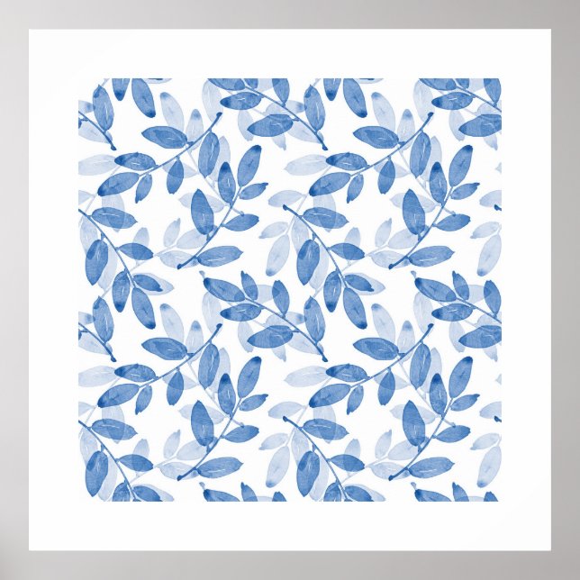 Póster Patrón de hojas de acuarela de capas azules (Frente)