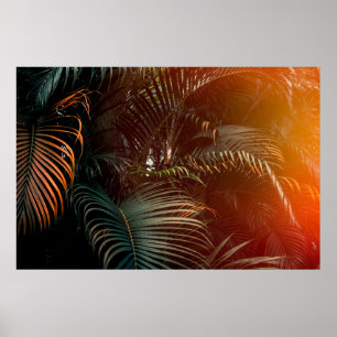 Póster Patrón de hojas de palmera verde oscuro profundo c