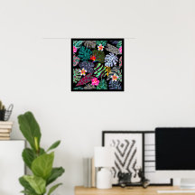 Patrón de hojas y flores tropicales vibrantes