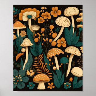 Póster Patrón de Ilustracion de hongos y flores