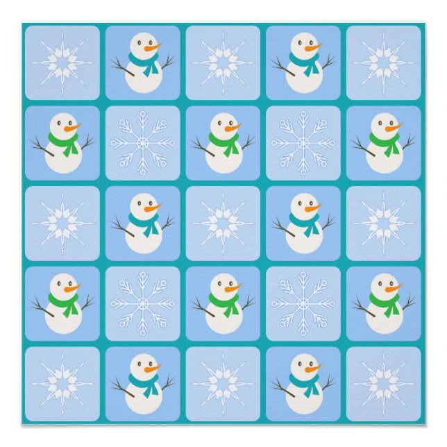 Póster Patrón de invierno de snowman y copos de nieve (Anverso)