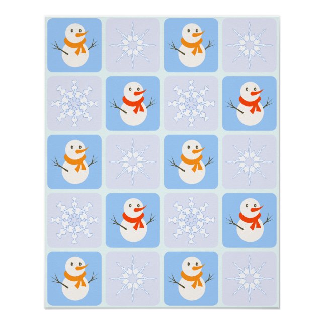 Póster Patrón de invierno de snowman y copos de nieve (Anverso)