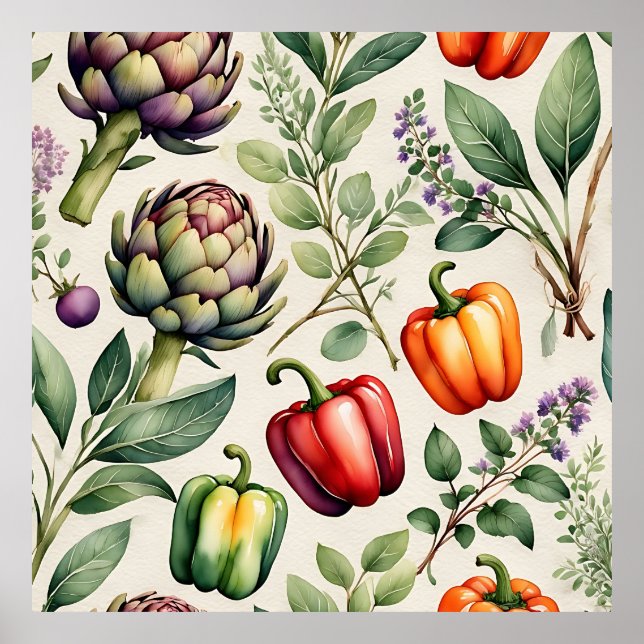 Póster Patrón de jardín de verduras acuarela (Frente)
