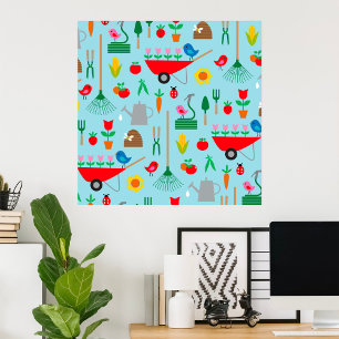 Póster Patrón de jardín flores de primavera y herramienta