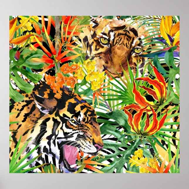 Póster Patrón de jungla acuarela del tigre tropical (Frente)