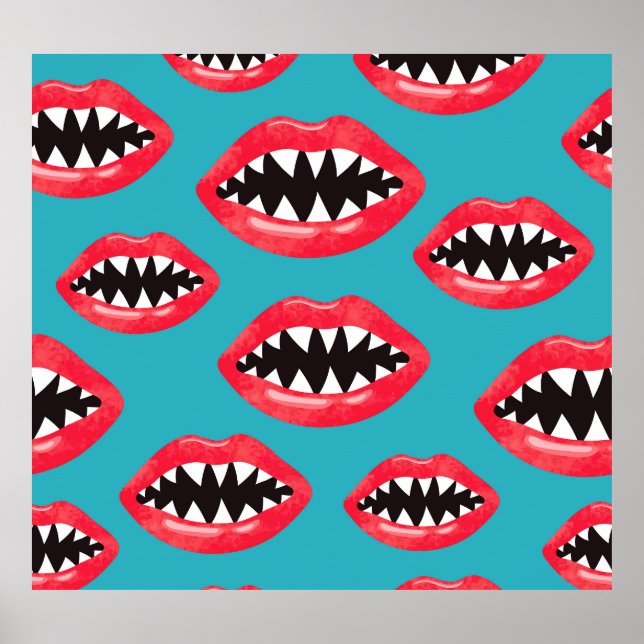 Póster Patrón de labios rojos de dientes de tiburón (Frente)