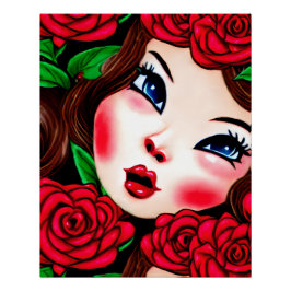 Póster Patrón de labios rojos y rosas rojas