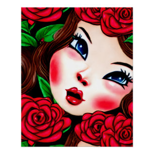 Póster Patrón de labios rojos y rosas rojas