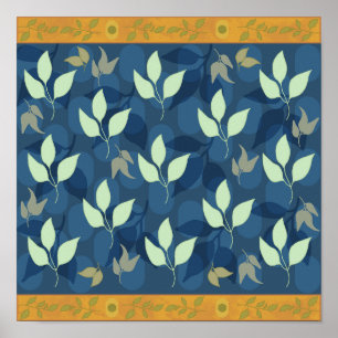 Póster Patrón de Leafy Verde y Azul con encanto