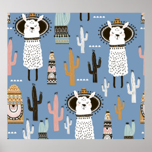 Póster Patrón de Llama, Cactus, Elementos dibujados a man