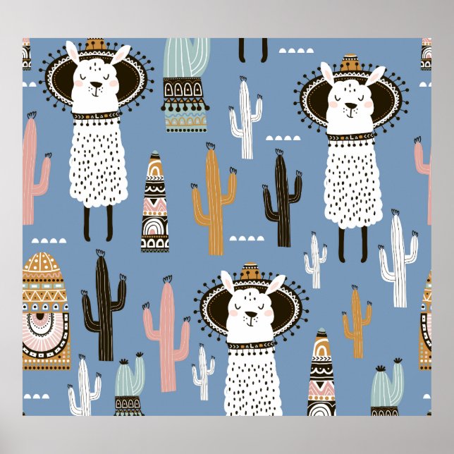 Póster Patrón de Llama, Cactus, Elementos dibujados a man (Frente)