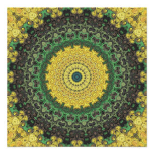 Póster Patrón de Mandala amarillo y verde Kaleidoscopio