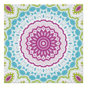 Póster Patrón de Mandala Azul Magenta y Verde