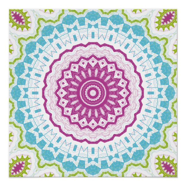Póster Patrón de Mandala Azul Magenta y Verde (Anverso)