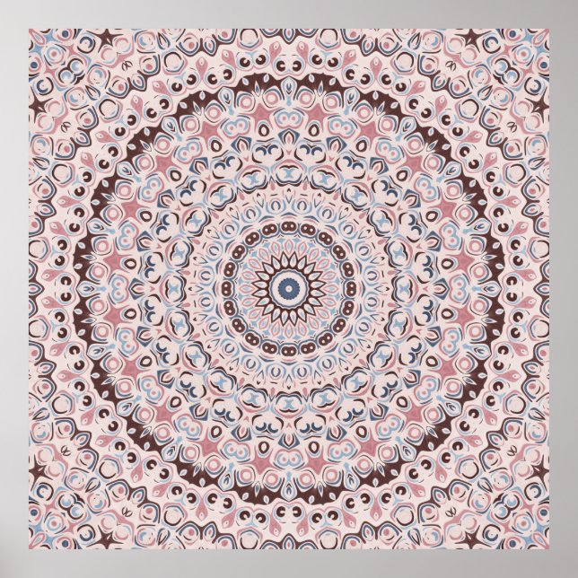 Póster Patrón de mandala boho rosa y azul (Frente)