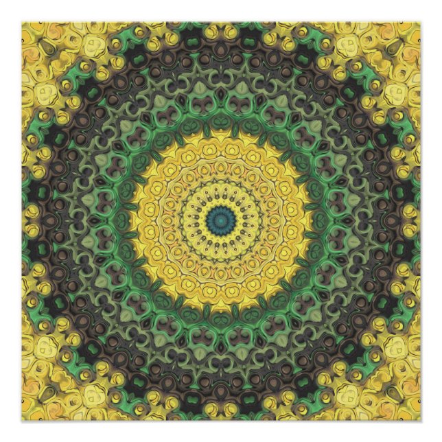 Póster Patrón de Mandala Caleidoscopio Amarillo y Verde (Anverso)