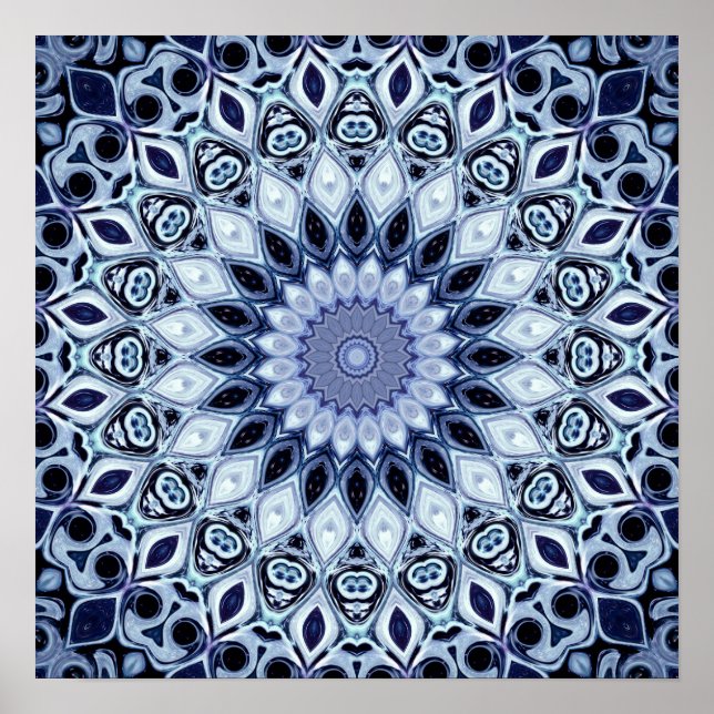 Póster Patrón de Mandala de Caleidoscopio Azul y Blanco (Frente)