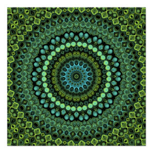 Póster Patrón de Mandala en Calidoscopio Verde y Turquesa