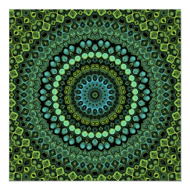 Póster Patrón de Mandala en Calidoscopio Verde y Turquesa (Anverso)
