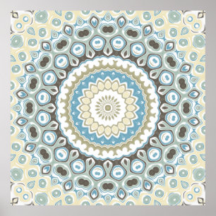 Póster Patrón de mandala en verde azulado y beige con ton