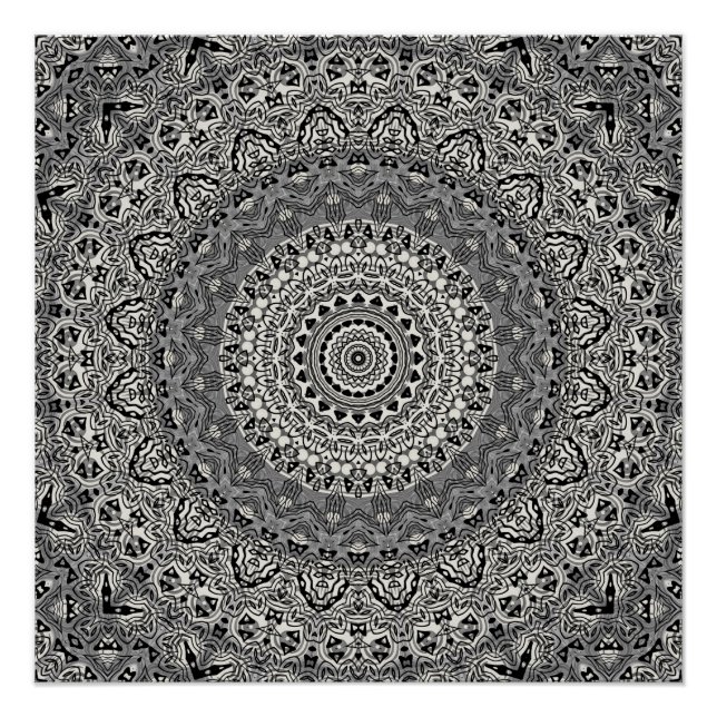 Póster Patrón de Mandala Geométrico Blanco y Negro (Anverso)