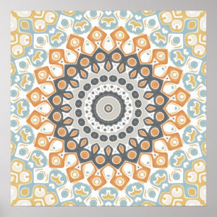 Póster Patrón de mandala geométrico naranja y gris cálido