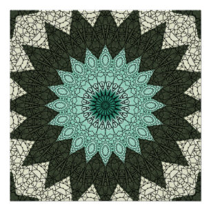 Póster Patrón de Mandala Geométrico Verde y Turquesa