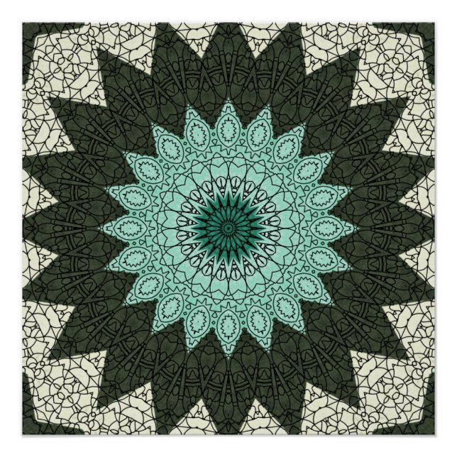 Póster Patrón de Mandala Geométrico Verde y Turquesa (Anverso)
