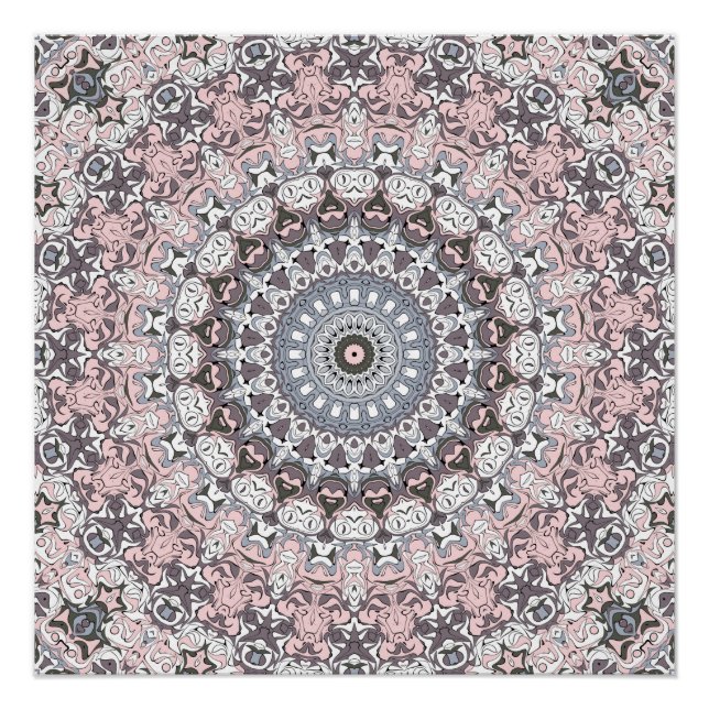 Póster Patrón de Mandala gris rosa y blanco (Anverso)